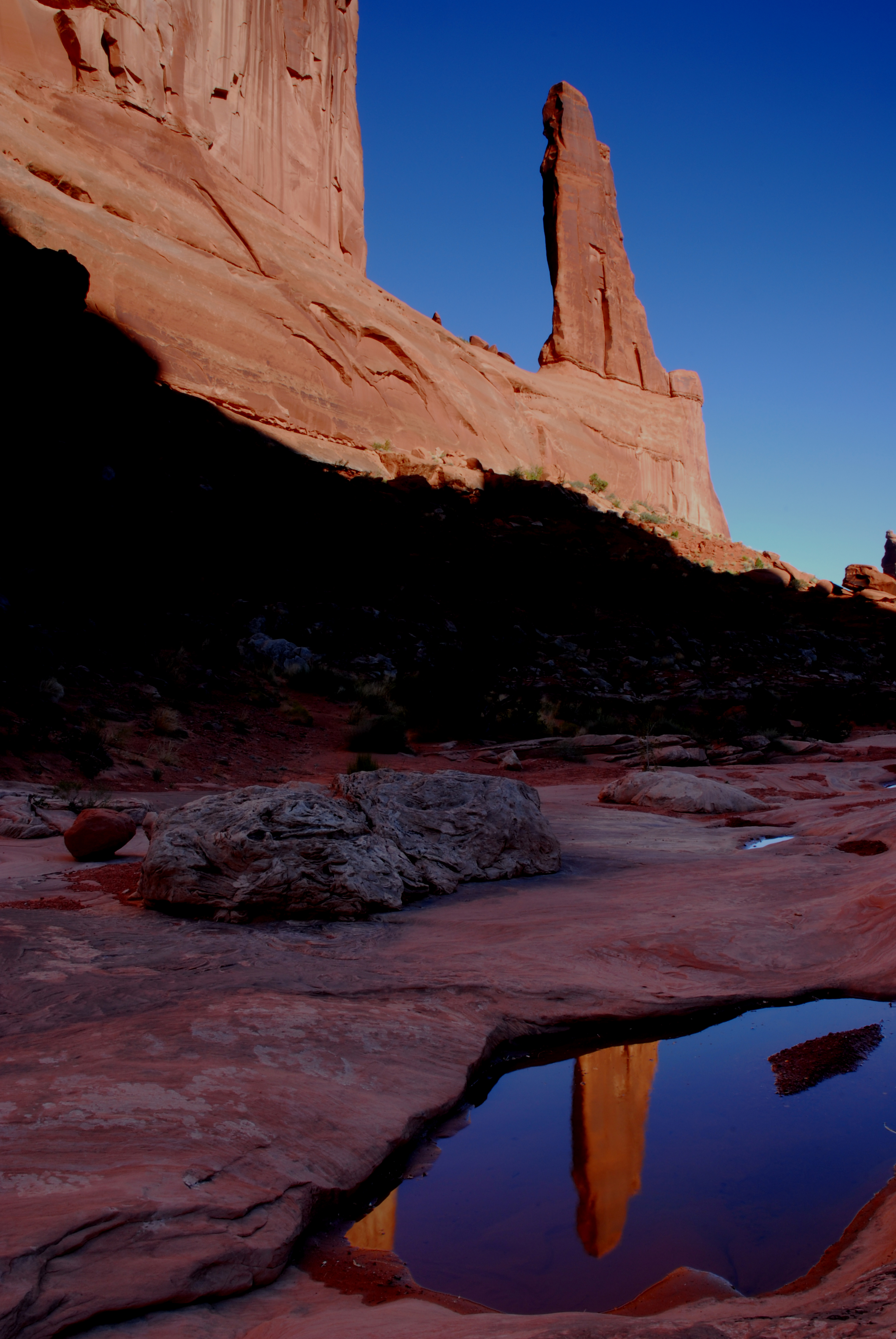 Sandstone formation reflected in rainwater pool - Park Avenue Trail, Arches National Park, Utah