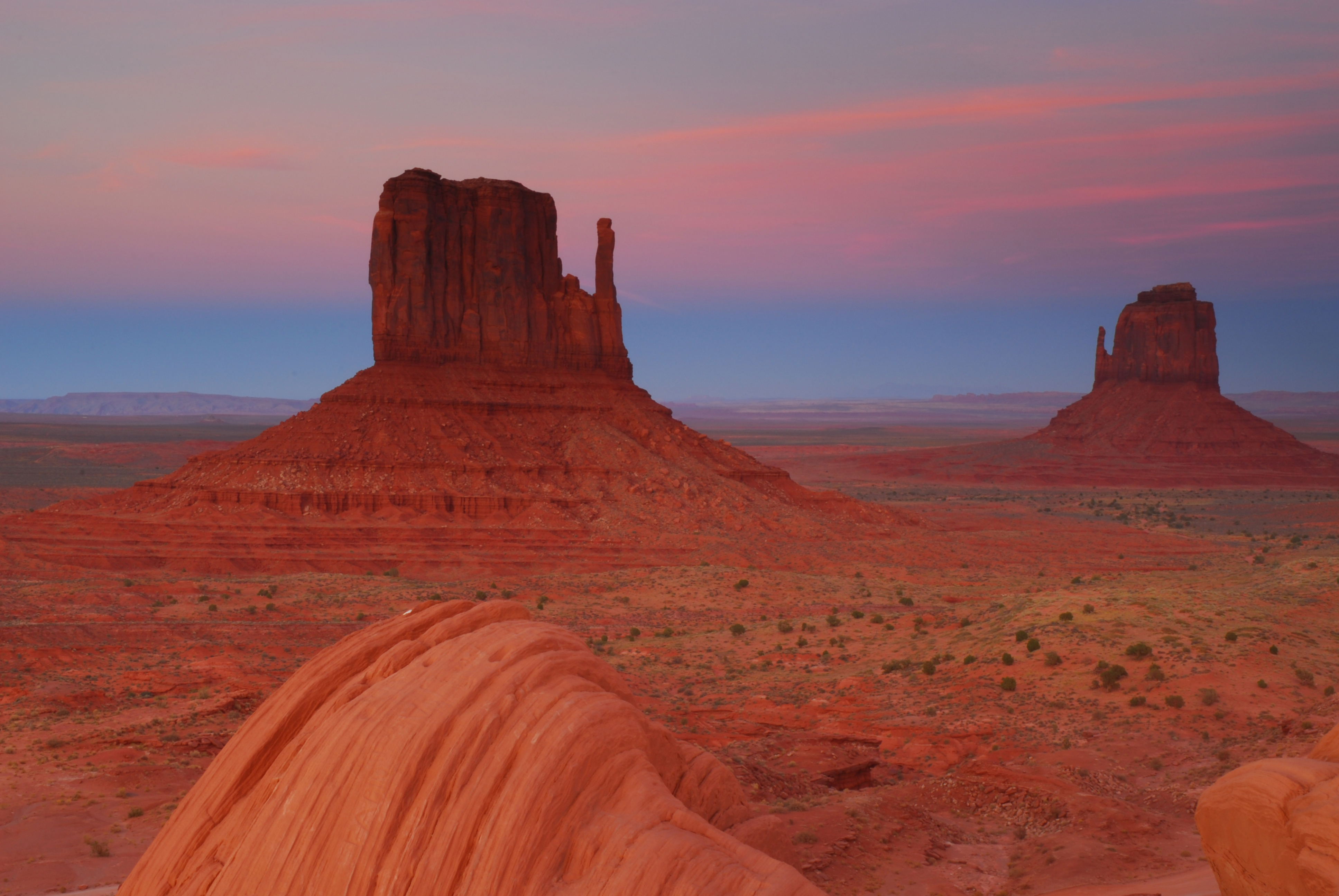 West (left) and East (right) Mitten Buttes in post-sunset light  -  Monument Valley Navajo Tribal Park, Arizona  