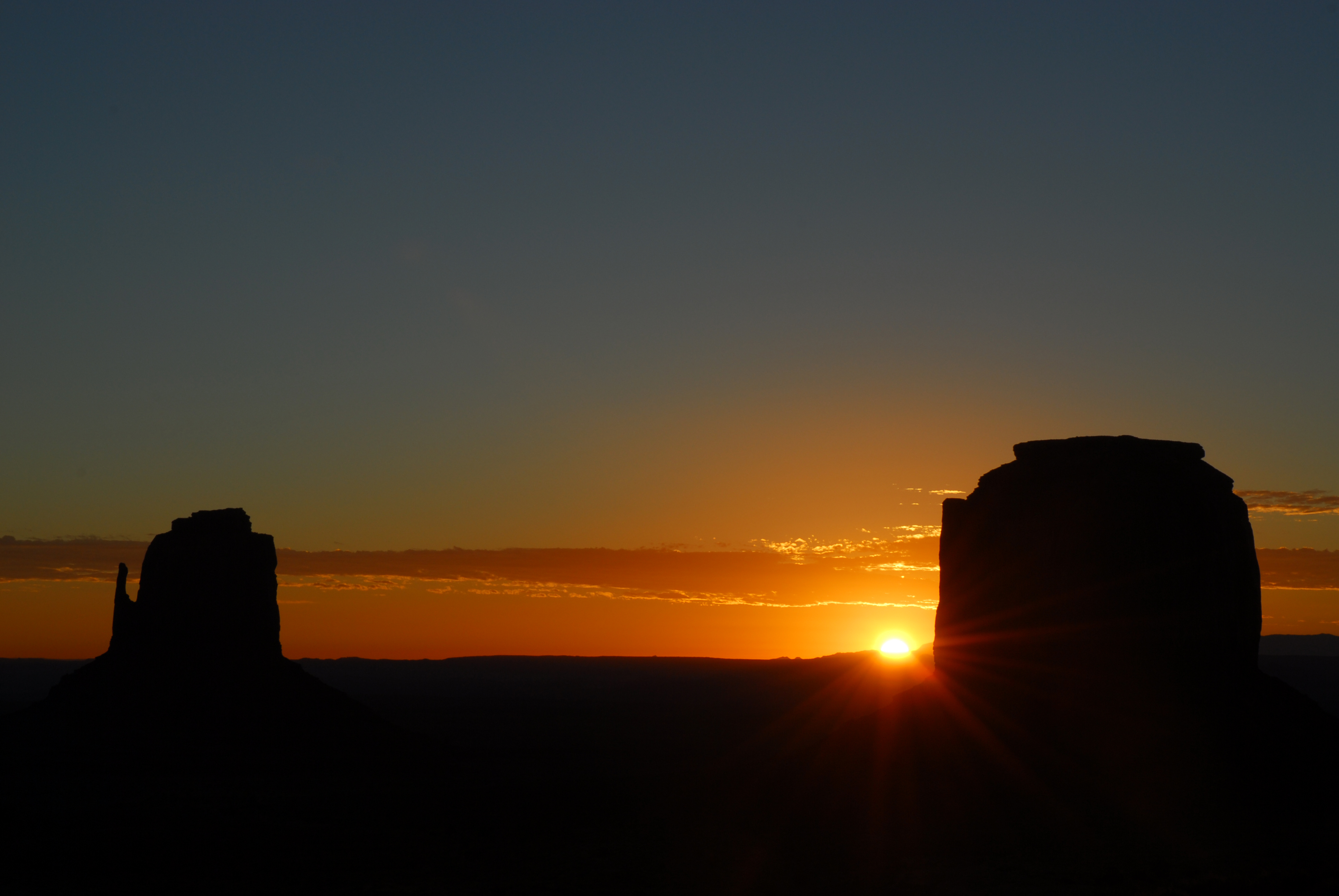 East Mitten Butte (left) and Merrick Butte (right) at sunrise  -  Monument Valley Navajo Tribal Park, Arizona  