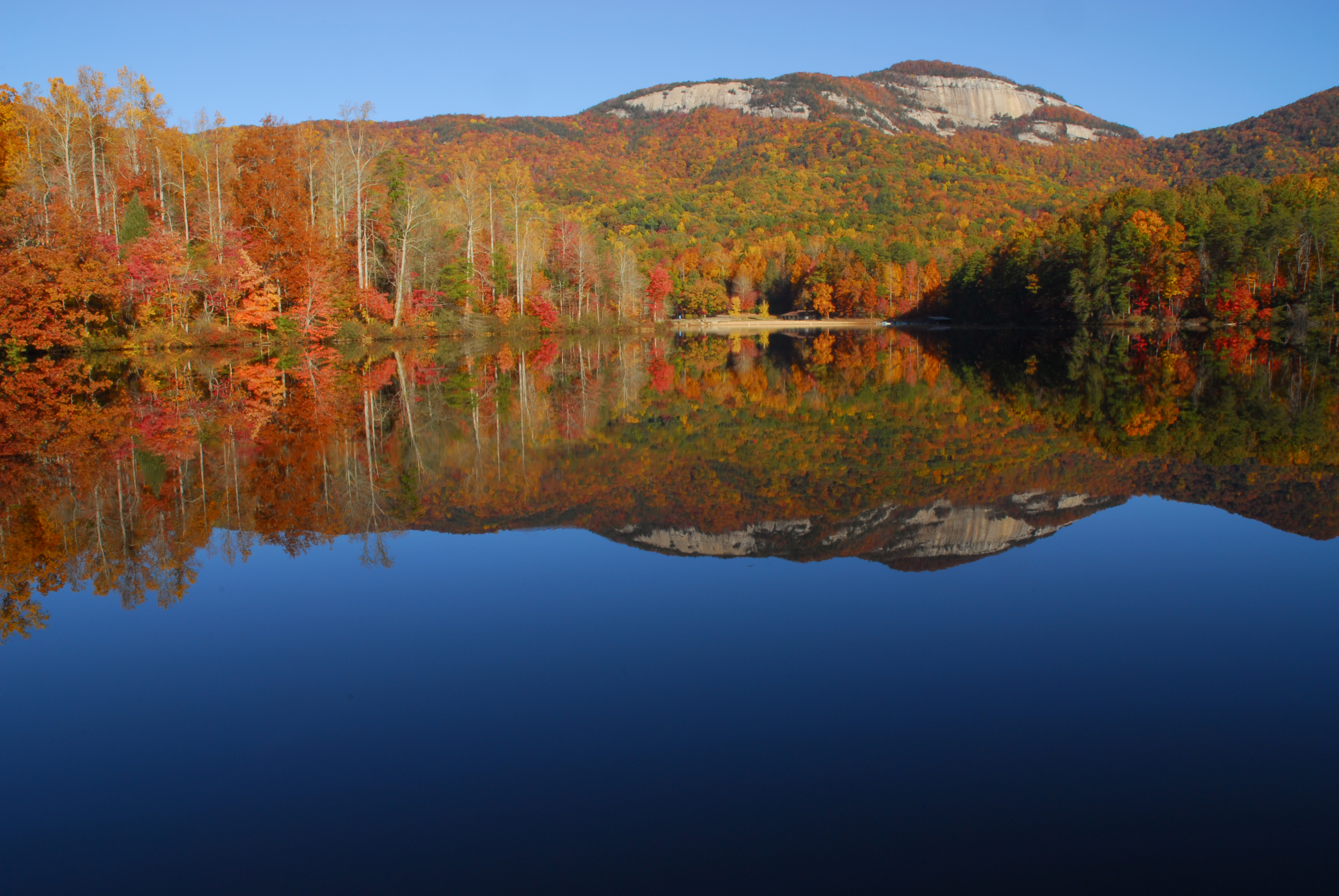Fall colors, Table Rock reflection in Pinnacle Lake  -  Table Rock State Park, South Carolina