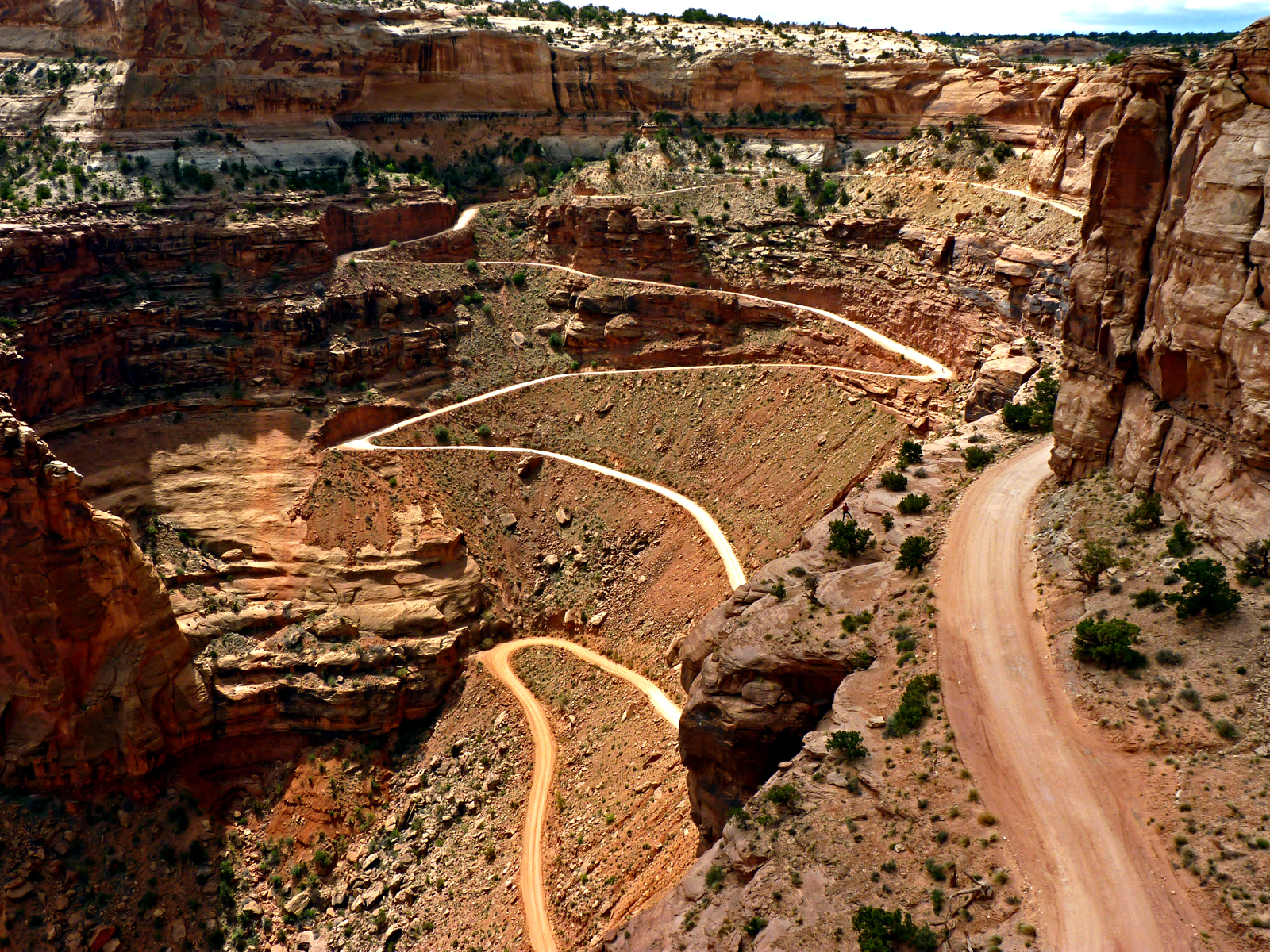View of Shafer Trail as it descends the cliff face  -  Canyonlands National Park, Utah.  Photograph by Jean Nokleby. 