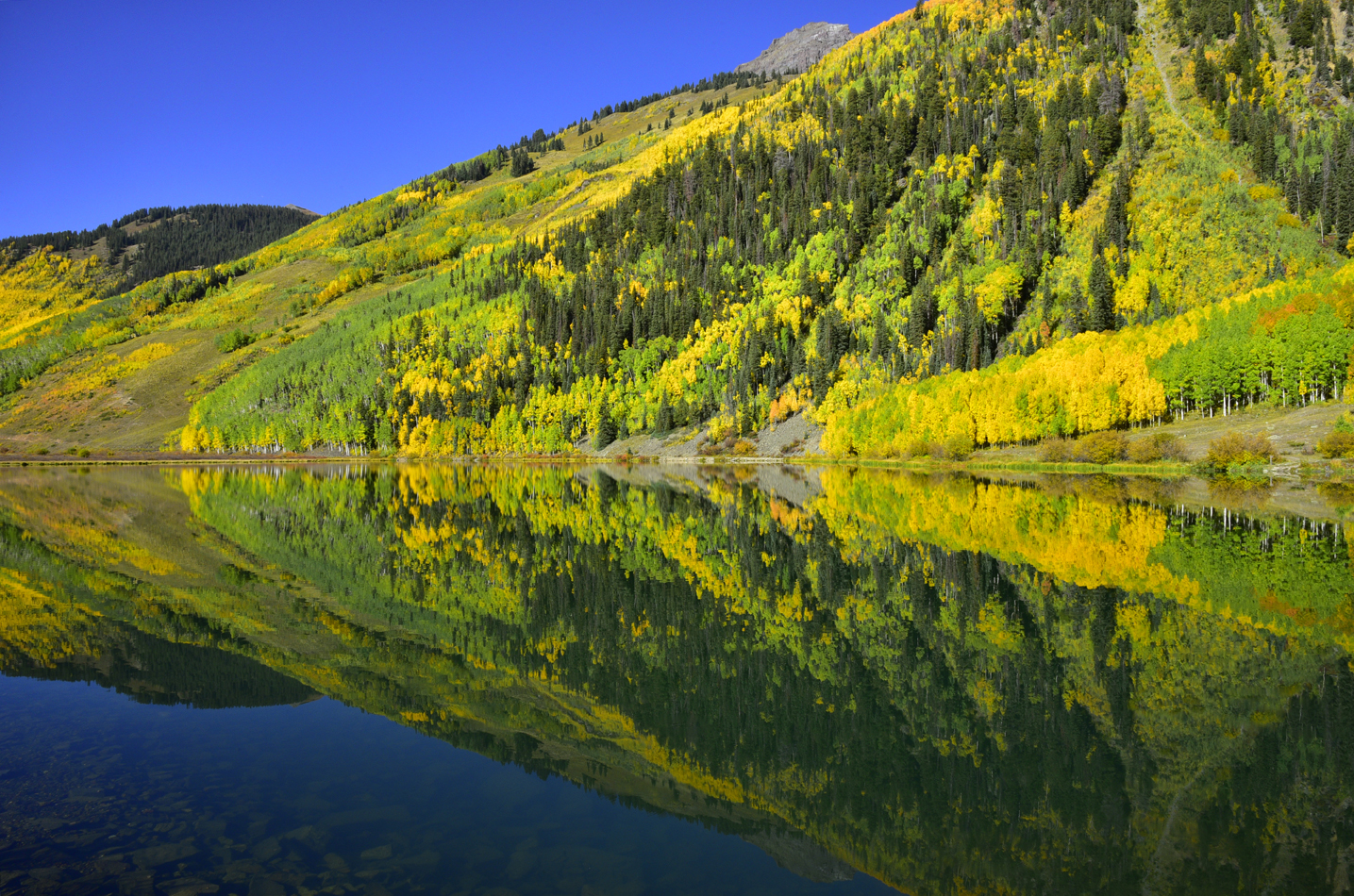 Fall colors on Hayden Mountain, reflection in Crystal Lake  -  Uncompahgre National Forest, Colorado