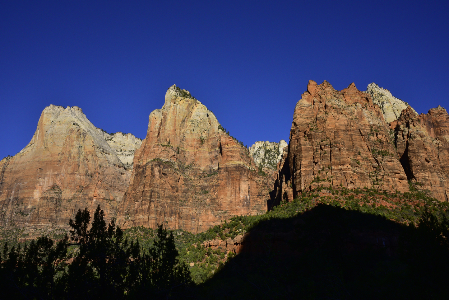 Abraham Peak (left), Isaac Peak (middle), Jacob Peak (white peak at back right)  -  Court of the Patriarchs, Zion National Park, Utah