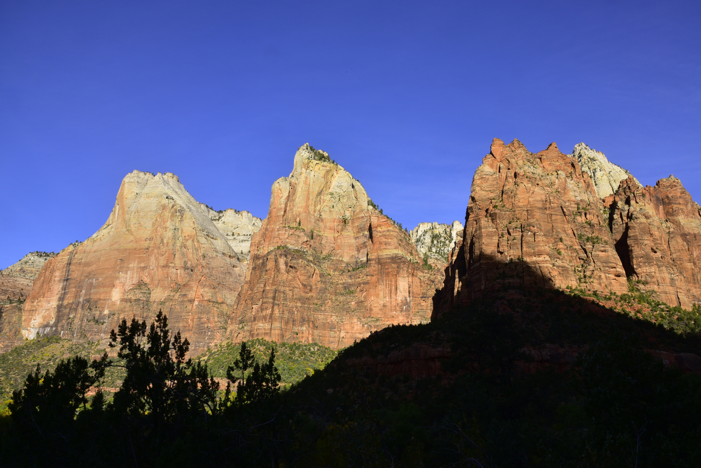 Abraham Peak (far left), Isaac Peak (middle), Jacob Peak (far right)  -  Court of the Patriarchs, Zion National Park, Utah  [2019]