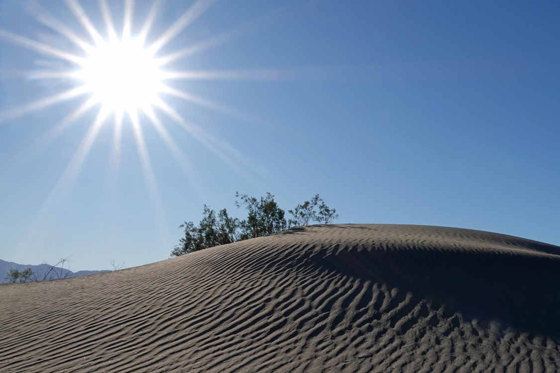 Sand dunes, sunstar - Mesquite Flat Sand Dunes, Death Valley National Park, California