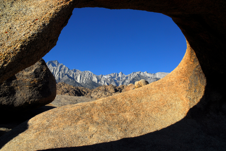 Eastern Sierra Nevada Mountains through Mobius Arch  -  Alabama Hills National Scenic Area, California